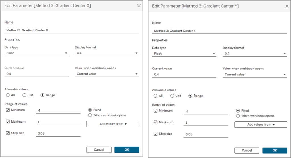 Screenshot of parameters used to move light source for Method 3